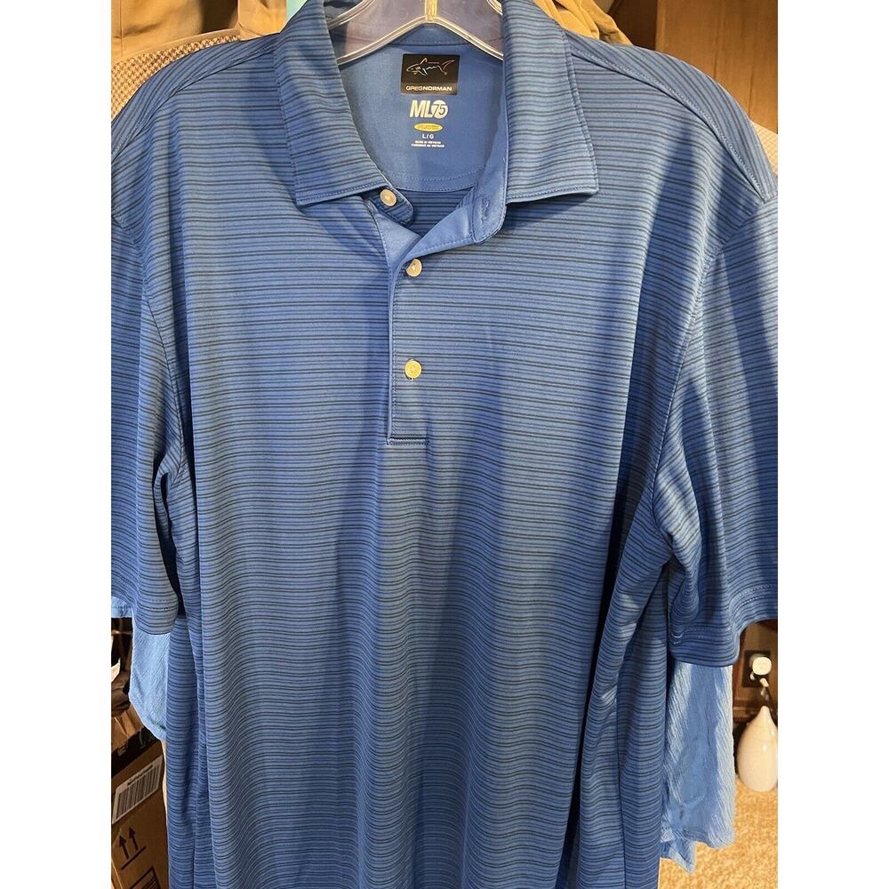 Greg Norman Shirt Mens L Play Dri ML 75 Blue Striped Short Sleeve Golf Polo